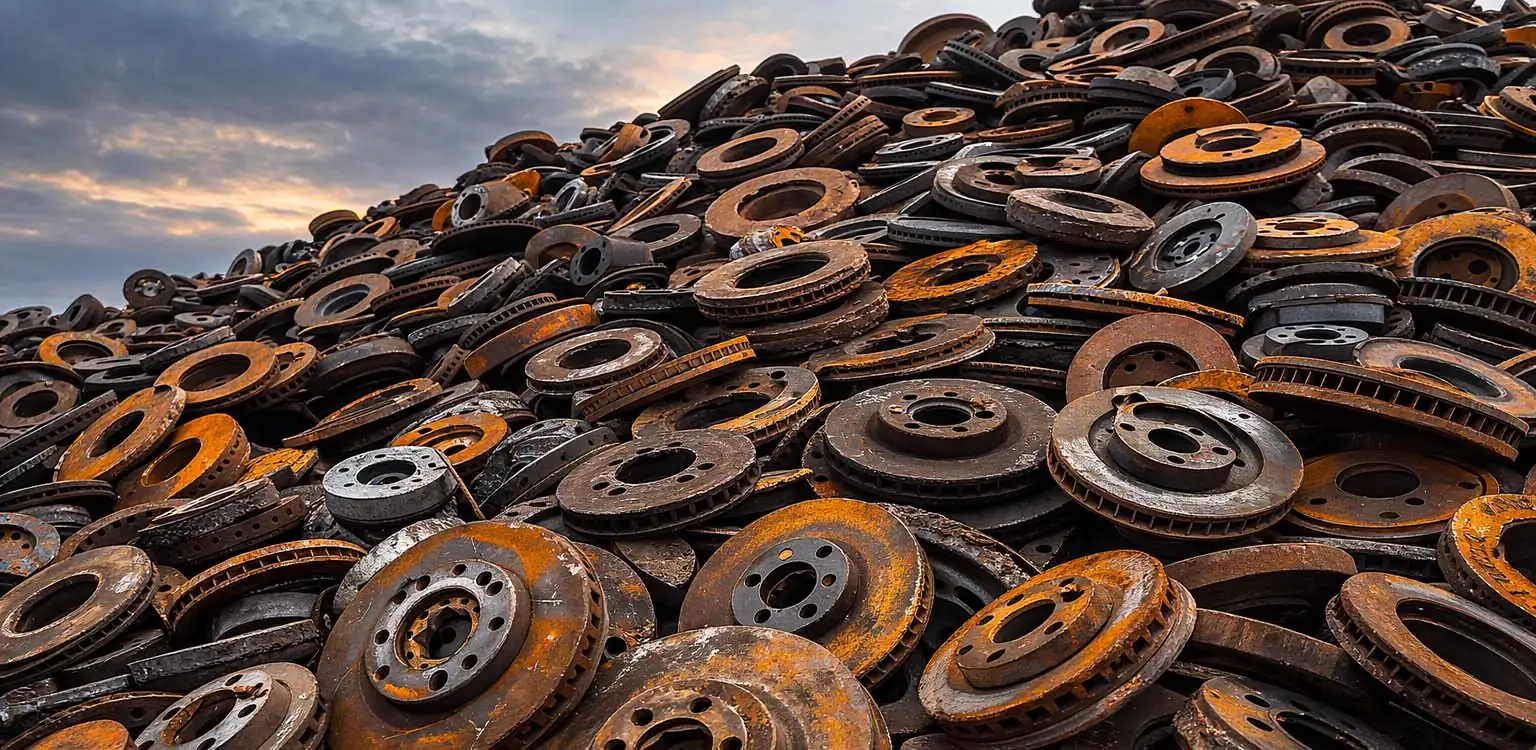 Pile of rusted brake discs ready for recycling